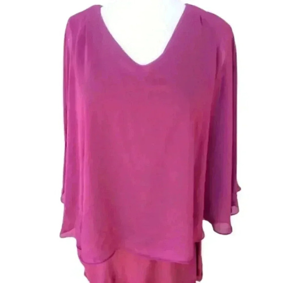 Joseph Allen Burgundy Pleated Chiffon Overlay Flowy V-Neck Tunic Top - Picture 1 of 4